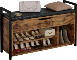 IRONCK Shoe Storage Bench, Entryway Bench with Lift Top Storage Box, Metal and Board Bench for Entryway, Two Tier Shoe Rack Organizer for Entryway, Bedroom, Hallway, Industrial, Vintage Brown