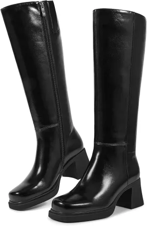 ISNOM Platform Knee High Boots for Women Chunky Heel Boots Long Boots Tall Boots Square Toe With Side Zipper Black Brown Burgundy