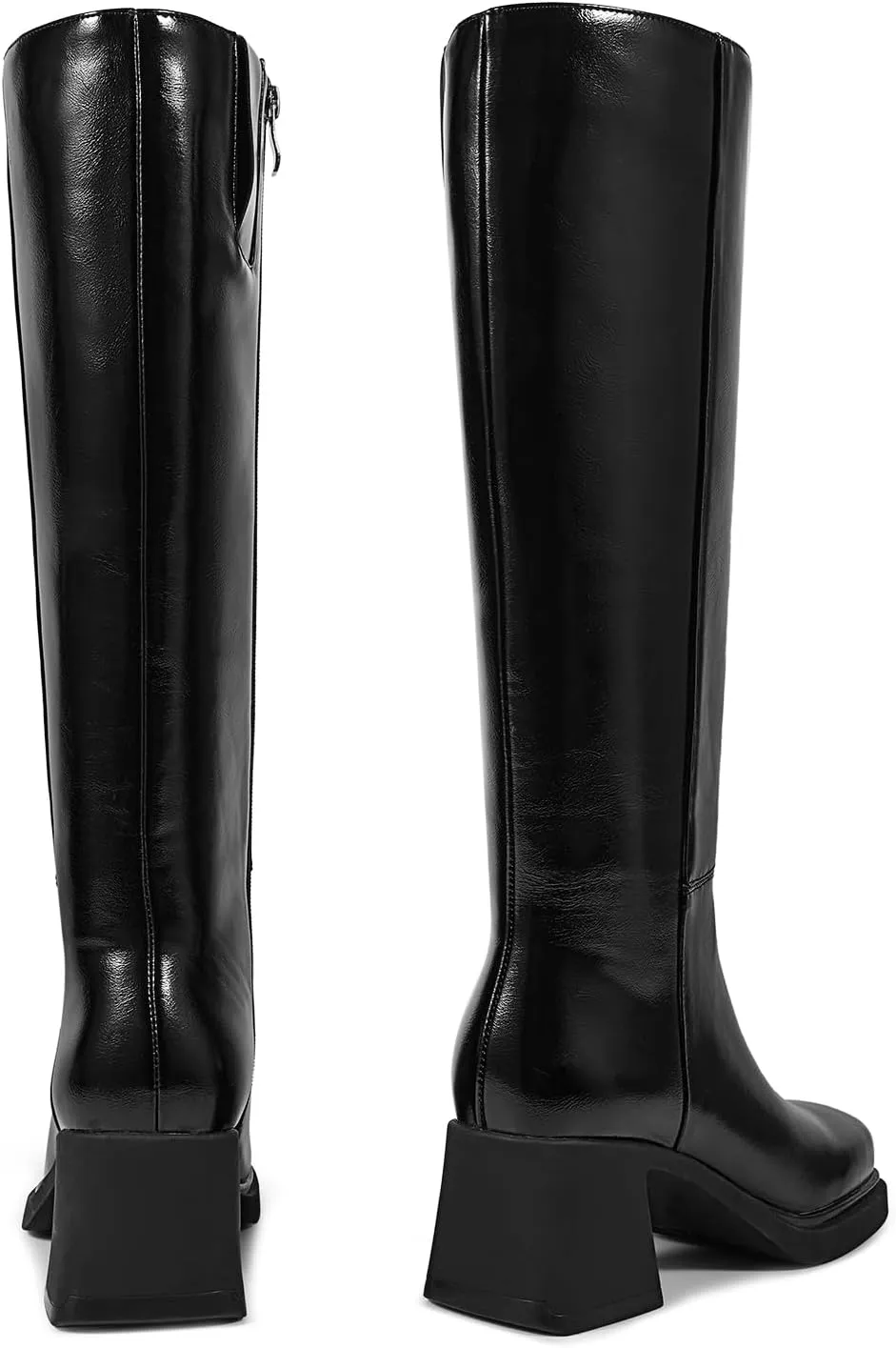 ISNOM Platform Knee High Boots for Women Chunky Heel Boots Long Boots Tall Boots Square Toe With Side Zipper Black Brown Burgundy