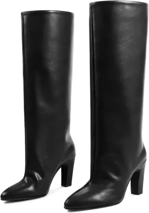 ISNOM Slouchy Knee High Boots Women for Regular Calf, Not for Bigger Wide Calf Chunky Heel Boots Long Boots Tall Boots