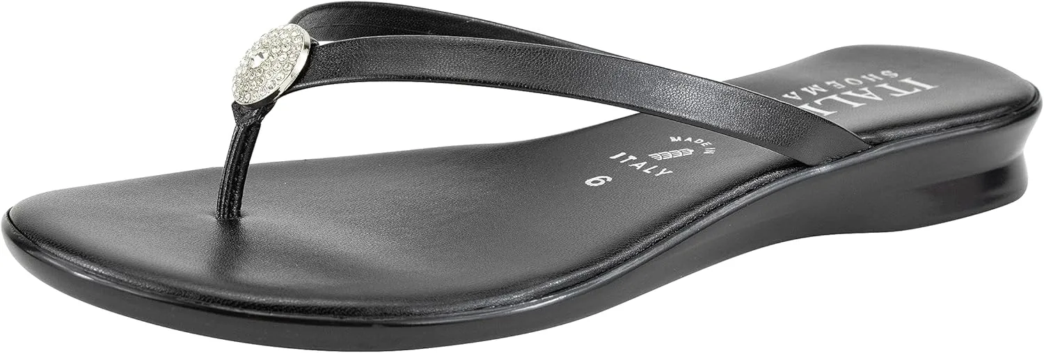 ITALIAN Shoemakers Womens Bethy Thin Strap Short Wedge Thong Ornamental Padded Sandal for Women