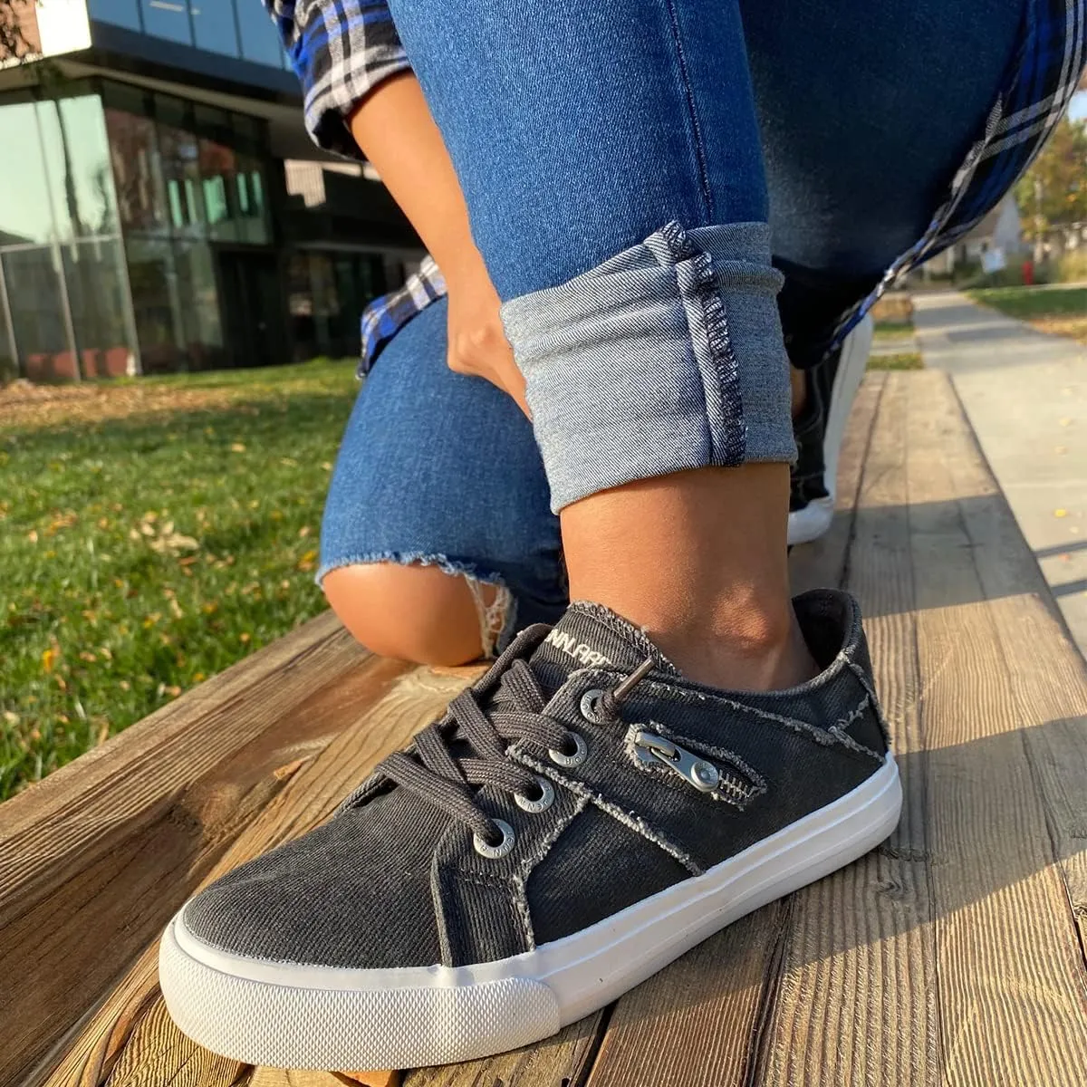 JENN ARDOR Slip-On Sneakers Women's Walking Shoes Dressy Casual Canvas Sports Tennis Loafers Retro Fashion Comfortable Zipper Decor Flats