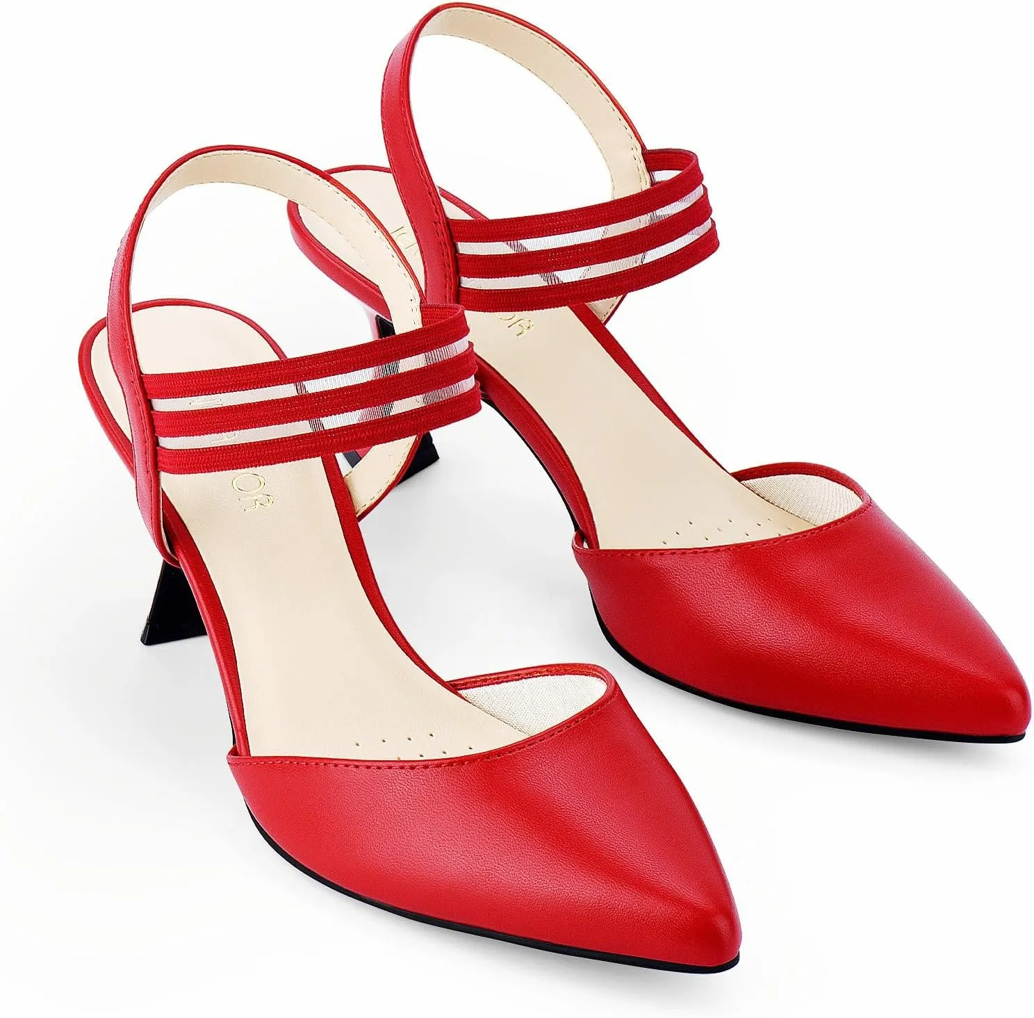 JENN ARDOR Women's Closed Toe Kitten Heels Slingback Pumps Elastic Ankle Strap Sandals Pointed Toe Wedding Prom Dress Shoes