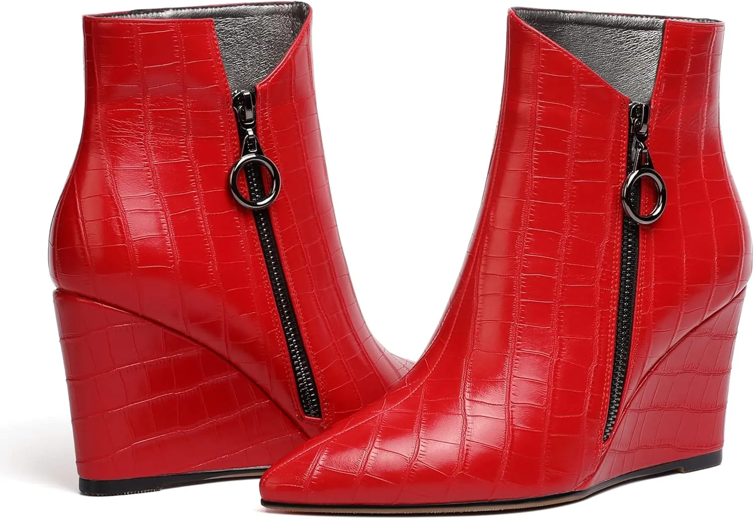 Joseywade Ankle Boots Wedge Heels for Women Pointed Toe Wedge Booties Zipper Closure with Fur 3.5 Inches Short Boots