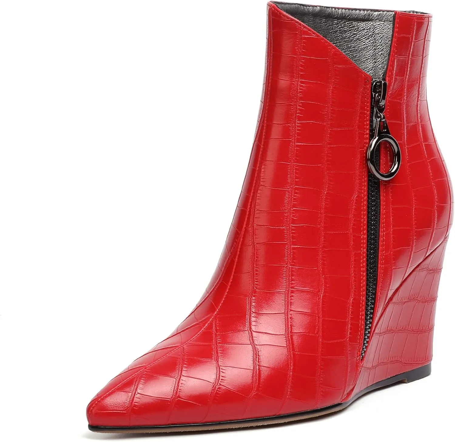 Joseywade Ankle Boots Wedge Heels for Women Pointed Toe Wedge Booties Zipper Closure with Fur 3.5 Inches Short Boots