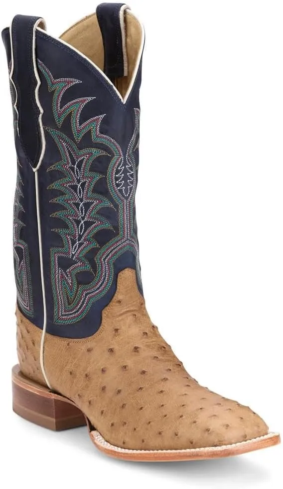 Justin Boot Company Men`s Chisolm Tan Full Quill Ostrich 13in Navy Blue Cowhide Top