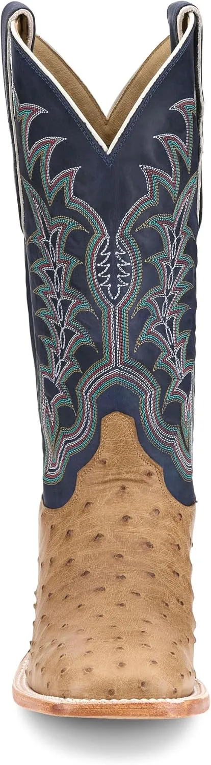 Justin Boot Company Men`s Chisolm Tan Full Quill Ostrich 13in Navy Blue Cowhide Top