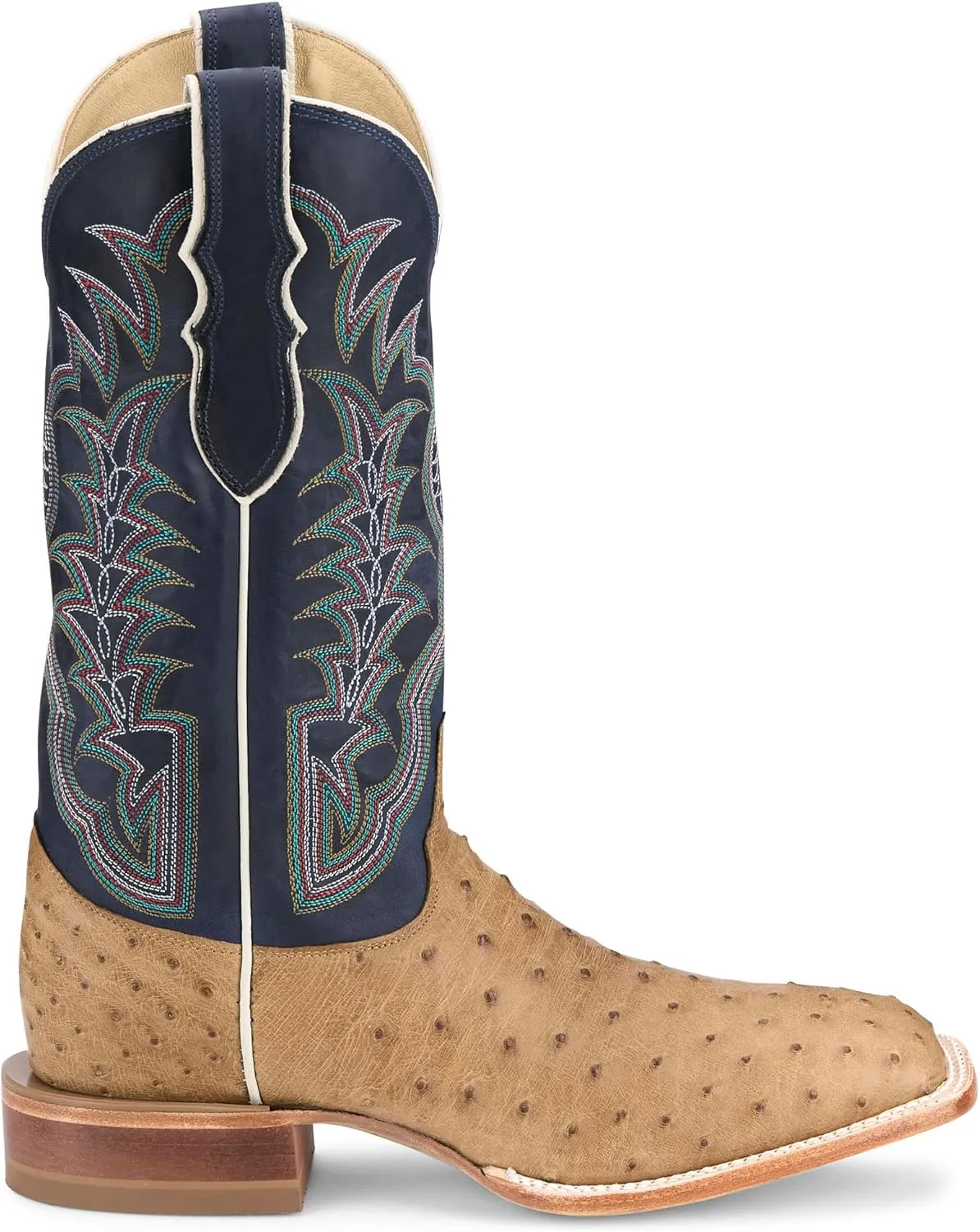 Justin Boot Company Men`s Chisolm Tan Full Quill Ostrich 13in Navy Blue Cowhide Top