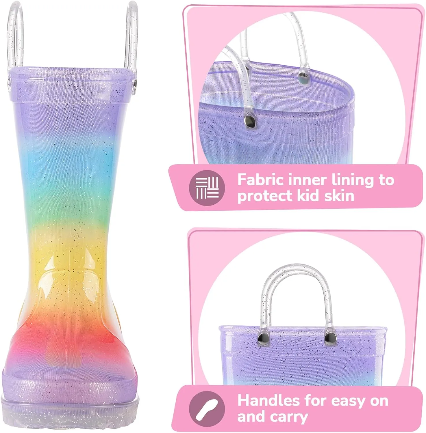 K KomForme Girls Boys Rain Boots Waterproof with Easy on Handles for Toddler/Little Kid/Big Kid