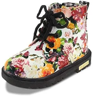Kid Girl's Floral Boots Lace Up Booties White Flower,Little Kid Size 12