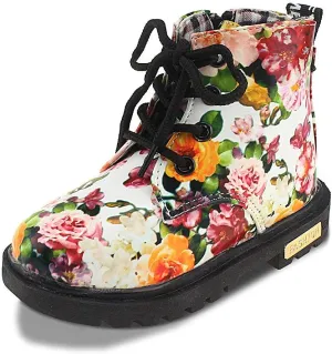 Kid Girl's Floral Boots Lace Up Booties White Flower,Toddler Size 7