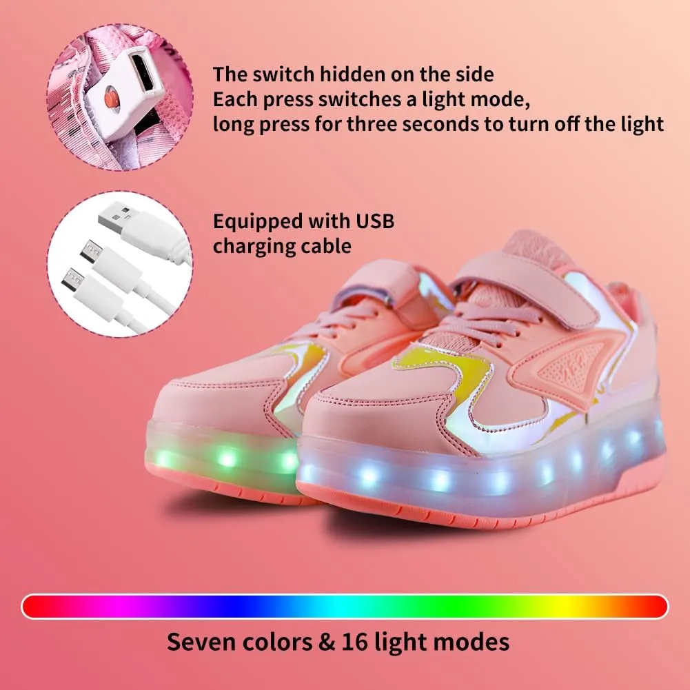 Kids Shoes with Double Wheels - Upgraded Kids Roller Shoes for Gifts, Retractable Wheels Skateboarding Shoes for Kids Sneakers Light Up Rechargeable for Birthday Party Gift