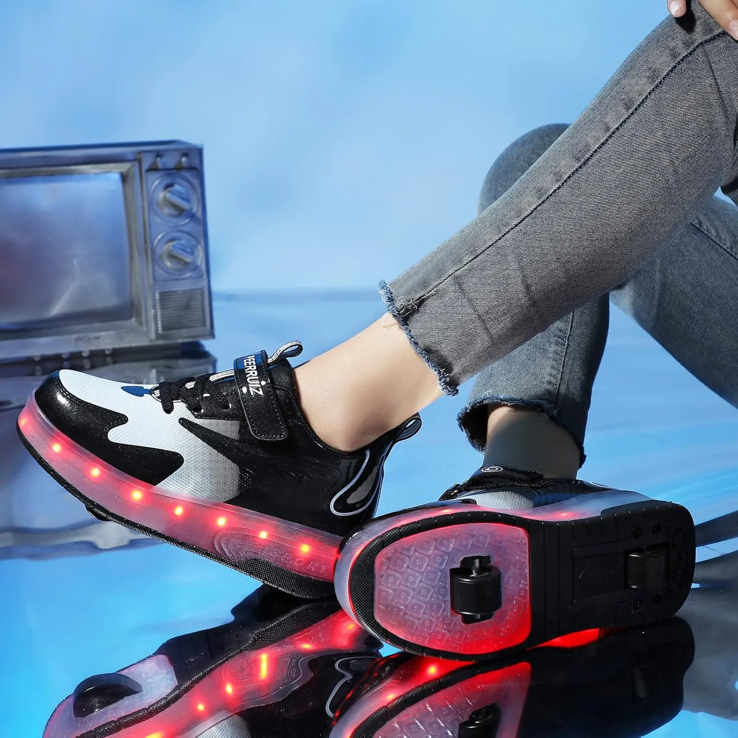 Kids Shoes with Double Wheels - Upgraded Kids Roller Shoes for Gifts, Retractable Wheels Skateboarding Shoes for Kids Sneakers Light Up Rechargeable for Birthday Party Gift