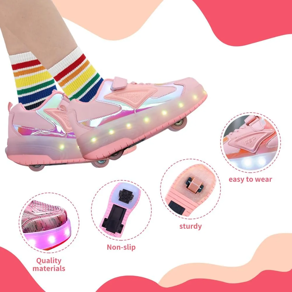 Kids Shoes with Double Wheels - Upgraded Kids Roller Shoes for Gifts, Retractable Wheels Skateboarding Shoes for Kids Sneakers Light Up Rechargeable for Birthday Party Gift