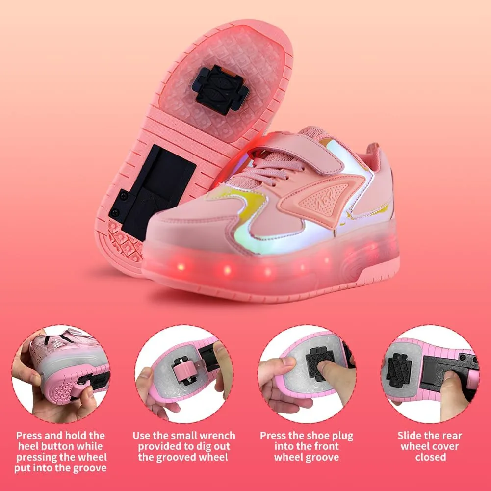 Kids Shoes with Double Wheels - Upgraded Kids Roller Shoes for Gifts, Retractable Wheels Skateboarding Shoes for Kids Sneakers Light Up Rechargeable for Birthday Party Gift