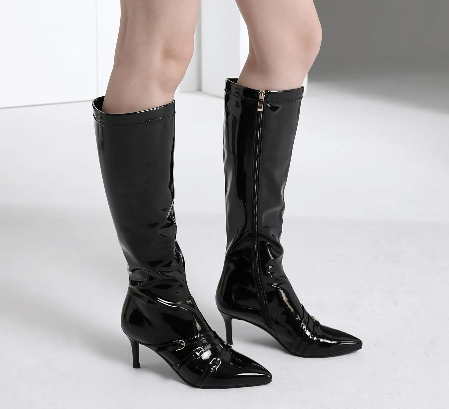 Knee High Boots for Women Strappy Buckles Stiletto Heel Pointed Toe Side Zipper Soft PU Leather Sexy Dress Long Boots and Ankle Booties