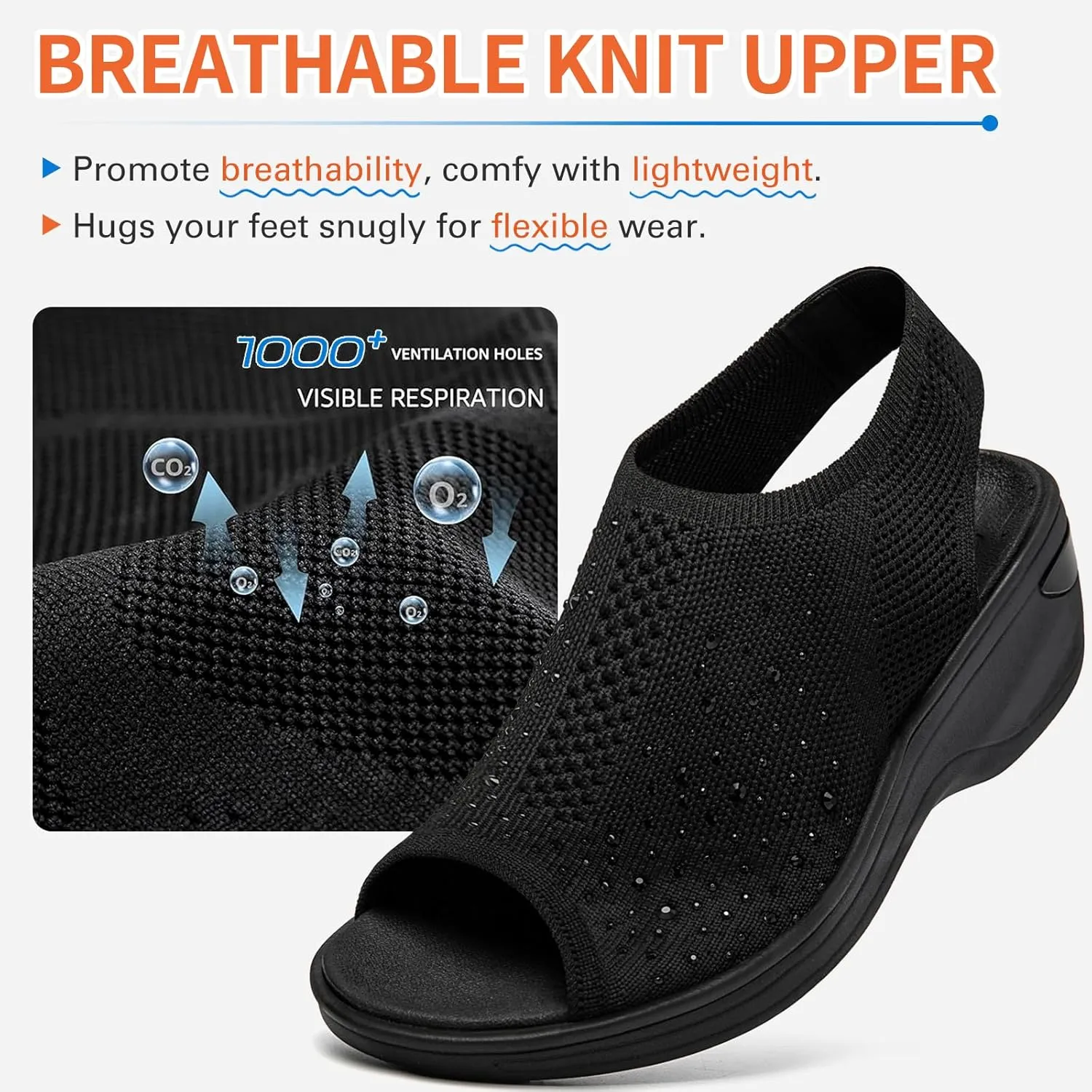 KOIMED Women's Comfortable Platform Walking Sandals With Memory Foam Open Toe Lightweight Breathable Soft Mesh Washable For Summer Travel Casual Beach Outdoor Sport