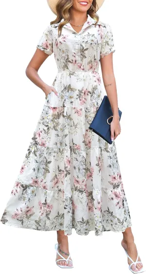 Kranda Women 2025 Summer Collared V Neck Short Sleeve Button Down Chiffon Long Tiered Floral Maxi Dress with Pockets
