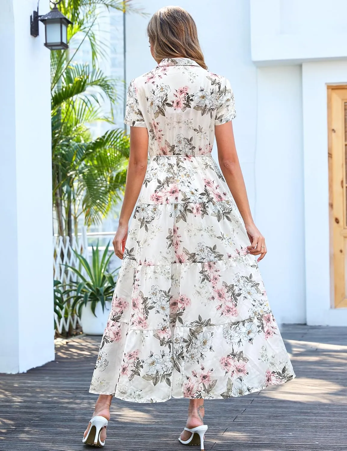 Kranda Women 2025 Summer Collared V Neck Short Sleeve Button Down Chiffon Long Tiered Floral Maxi Dress with Pockets