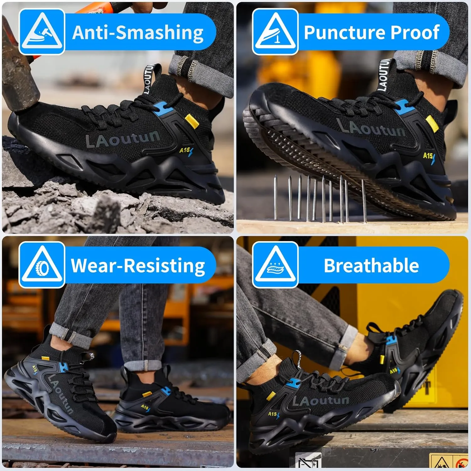 LAoutun Steel Toe Shoes for Men and Women Comfortable Lightweight Work Safety Shoes Puncture Proof Slip Resistant Indestructible Sneakers Construction Work Utility Sneakers