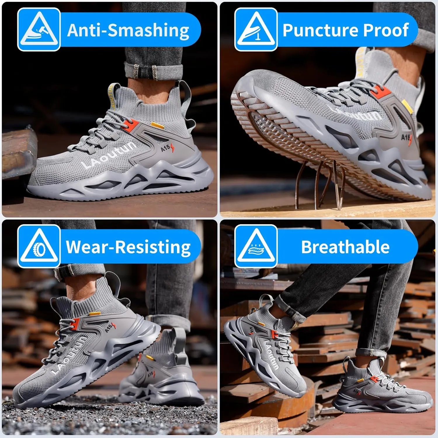 LAoutun Steel Toe Shoes for Men and Women Comfortable Lightweight Work Safety Shoes Puncture Proof Slip Resistant Indestructible Sneakers Construction Work Utility Sneakers