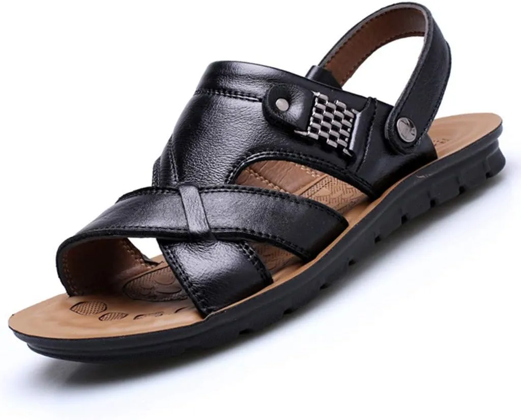 Leather Sandals for Men Breathable Orthopedic Sandals with Arch Support Non-Slip Adjustable Buckle Sports Slides Wide