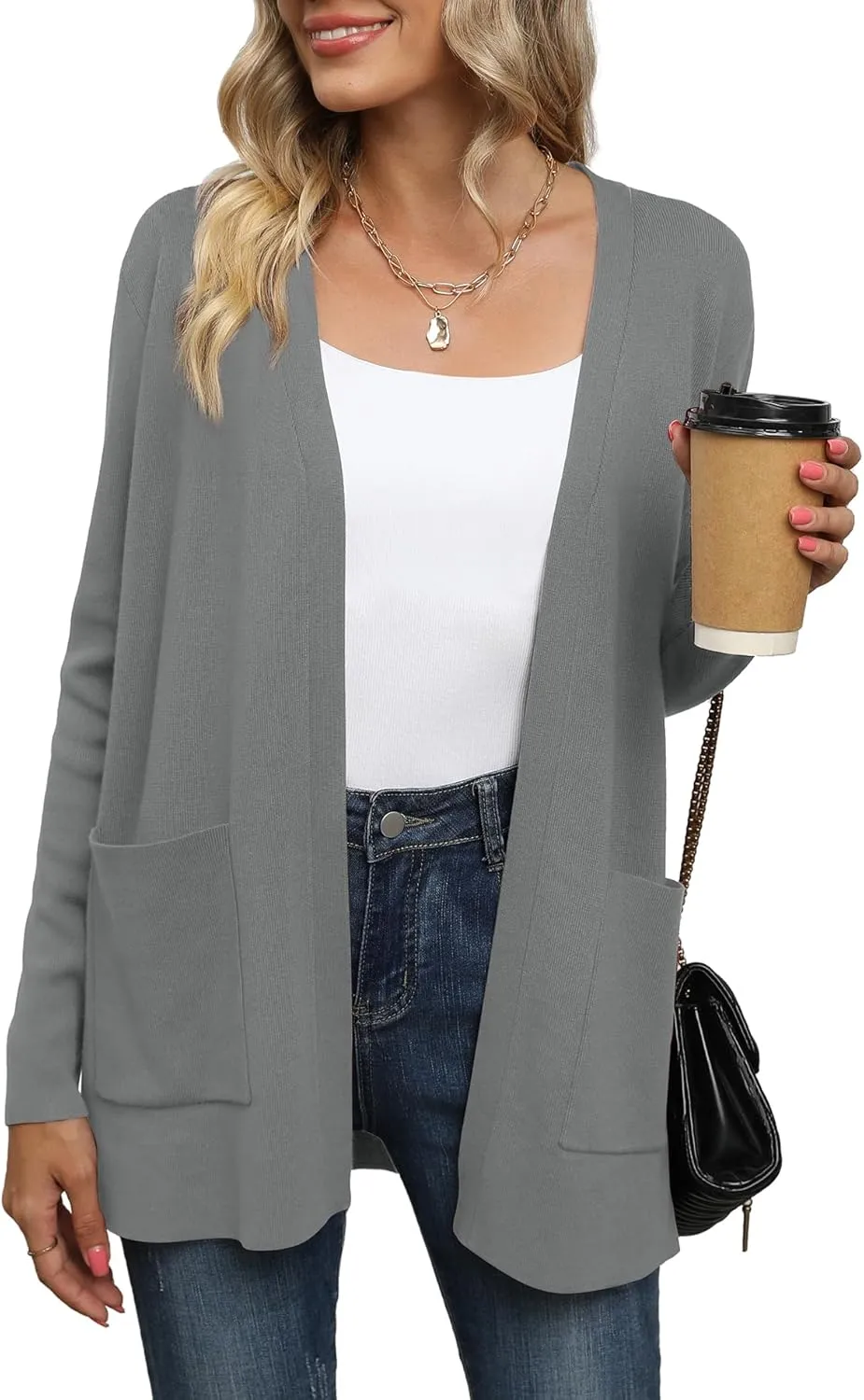 LILBETTER Womens Casual Lightweight Long Sleeve Open Front Cardigan Sweaters with Pockets