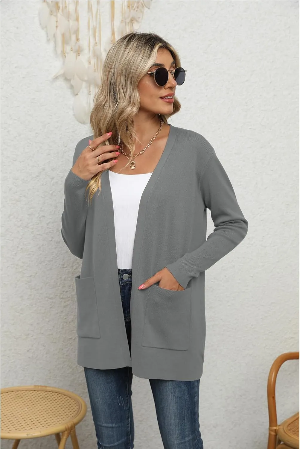 LILBETTER Womens Casual Lightweight Long Sleeve Open Front Cardigan Sweaters with Pockets