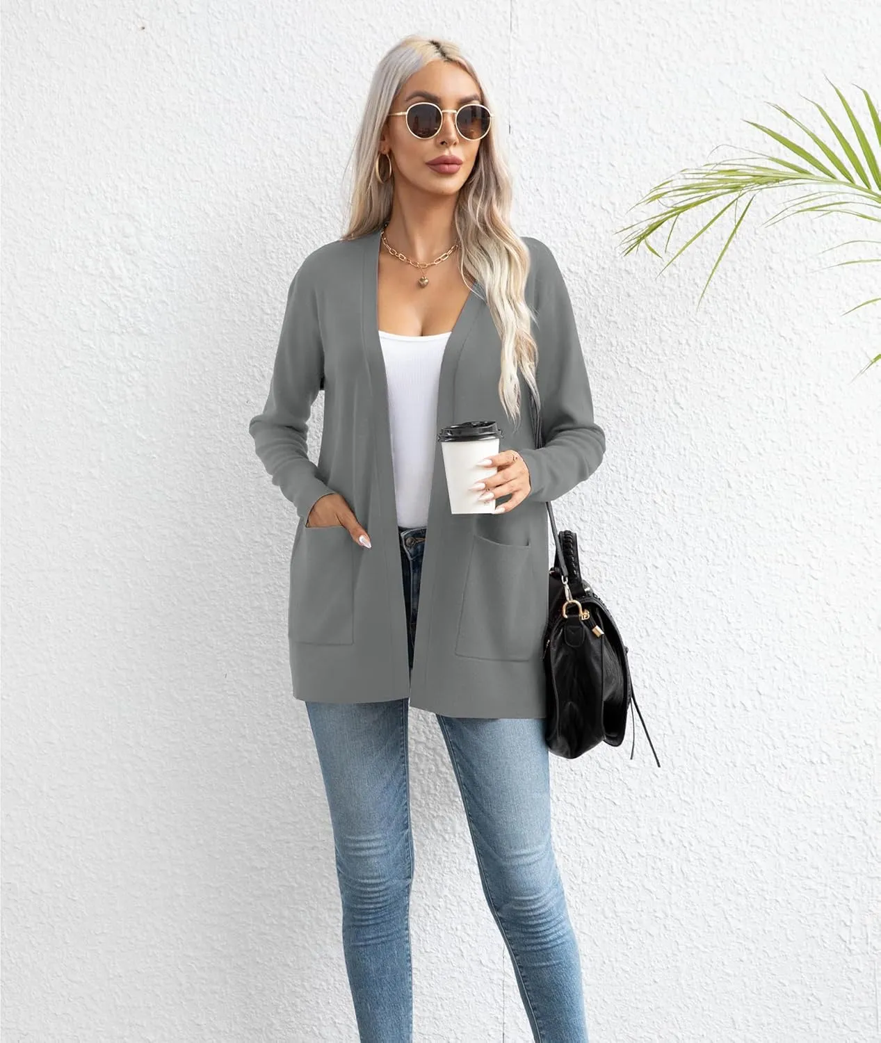 LILBETTER Womens Casual Lightweight Long Sleeve Open Front Cardigan Sweaters with Pockets