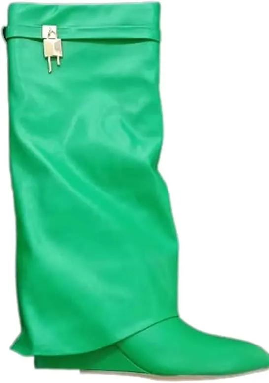 Liliana Women Fold Over Knee High Boots Wedge Heel Padlock Pull-on Boots MUTTO-1