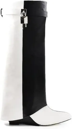 Liliana Women Fold Over Knee High Boots Wedge Heel Padlock Pull-on Boots MUTTO-1