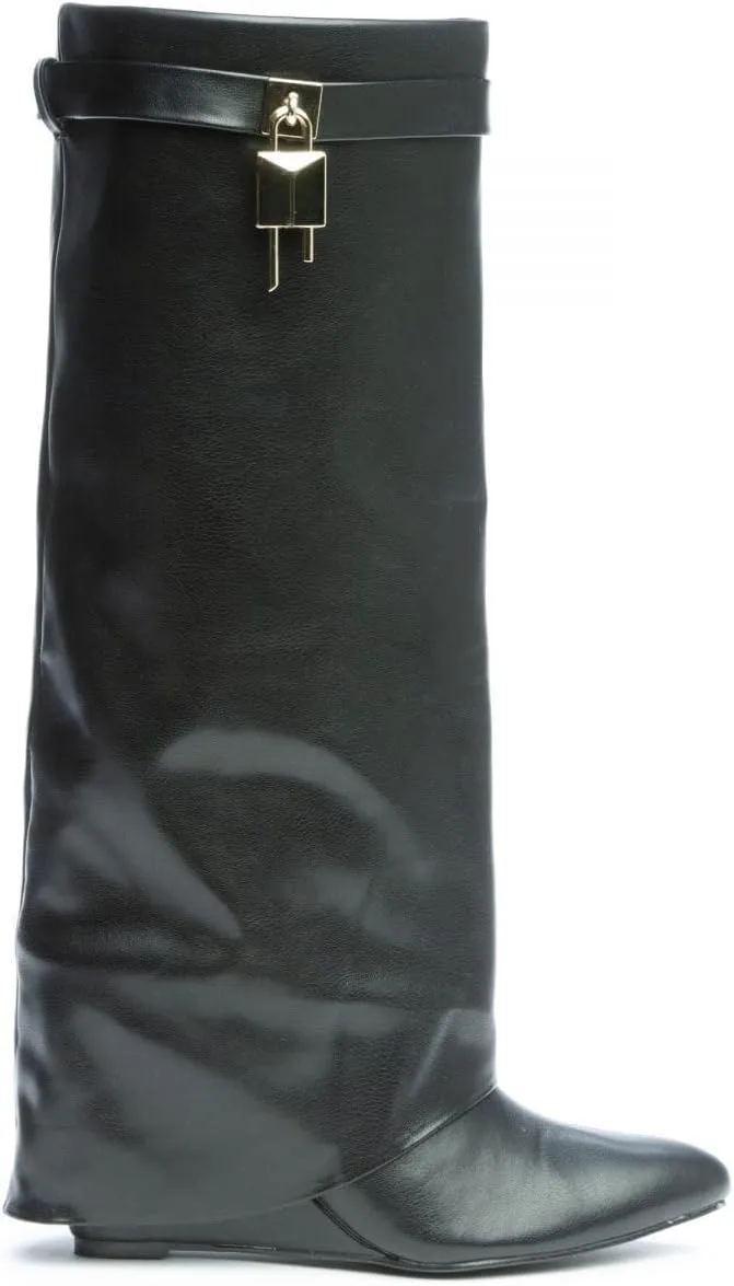 Liliana Women Fold Over Knee High Boots Wedge Heel Padlock Pull-on Boots MUTTO-1