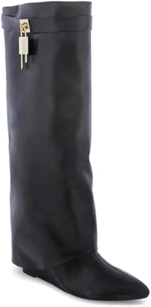 Liliana Women Fold Over Knee High Boots Wedge Heel Padlock Pull-on Boots MUTTO-1