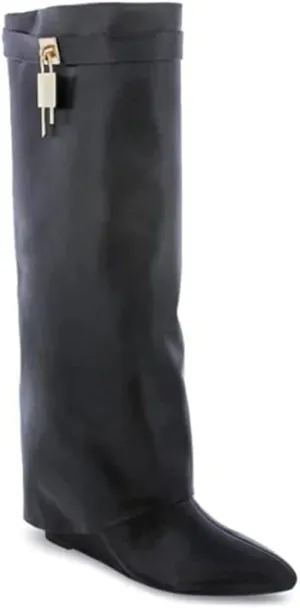 Liliana Women Fold Over Knee High Boots Wedge Heel Padlock Pull-on Boots MUTTO-1