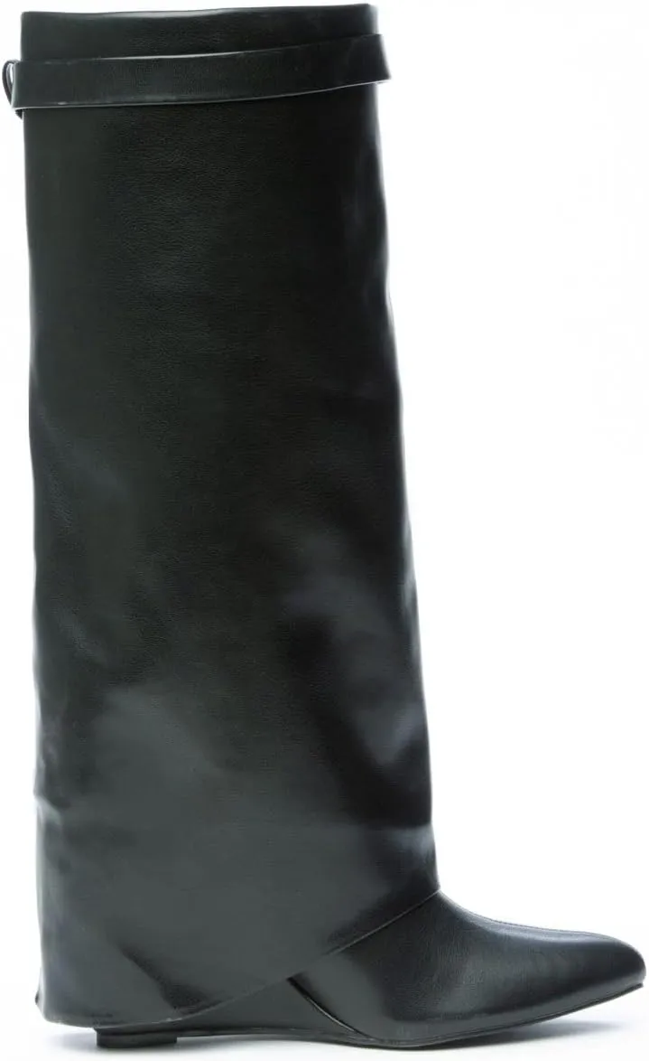 Liliana Women Fold Over Knee High Boots Wedge Heel Padlock Pull-on Boots MUTTO-1