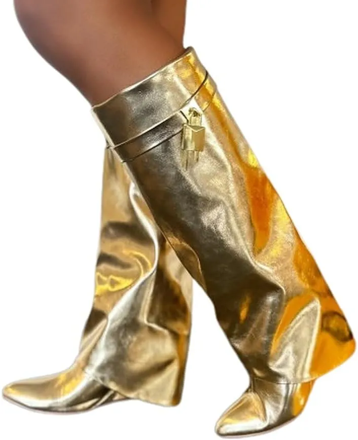 Liliana Women Fold Over Knee High Boots Wedge Heel Padlock Pull-on Boots MUTTO-1