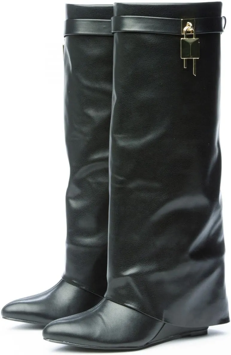 Liliana Women Fold Over Knee High Boots Wedge Heel Padlock Pull-on Boots MUTTO-1