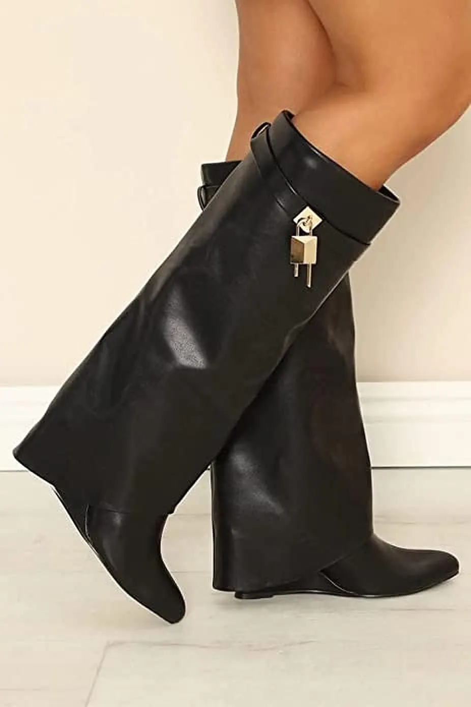 Liliana Women Fold Over Knee High Boots Wedge Heel Padlock Pull-on Boots MUTTO-1