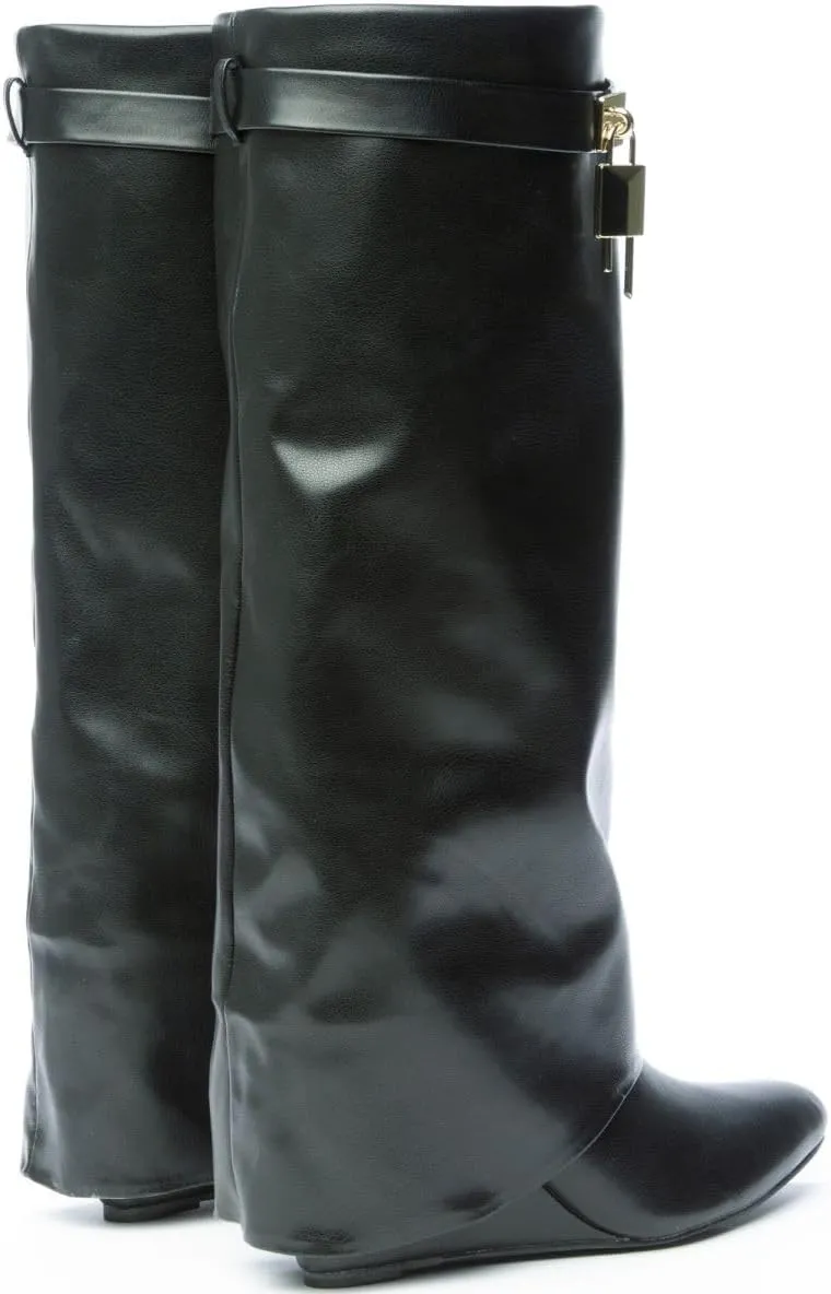 Liliana Women Fold Over Knee High Boots Wedge Heel Padlock Pull-on Boots MUTTO-1