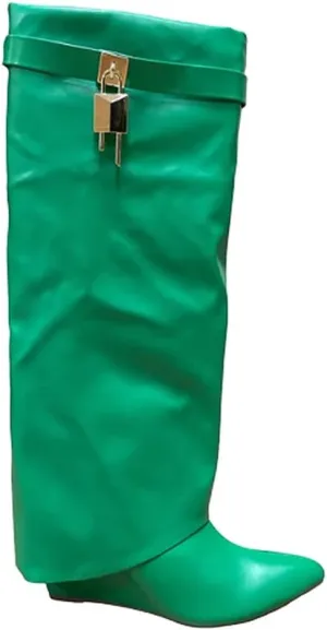 Liliana Women Fold Over Knee High Boots Wedge Heel Padlock Pull-on Boots MUTTO-1