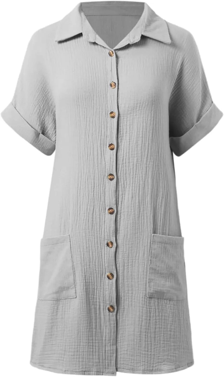 Linen Dresses for Women 2025 V Neck Button Down Shirts Dress Casual Short Sleeve Vacation Beach Tunic Sundress Pockets