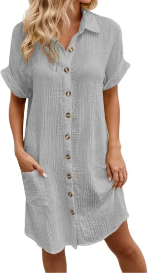 Linen Dresses for Women 2025 V Neck Button Down Shirts Dress Casual Short Sleeve Vacation Beach Tunic Sundress Pockets