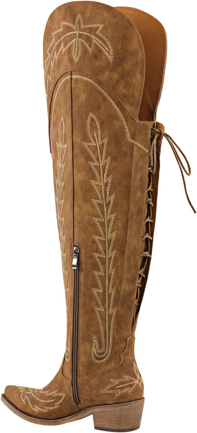 LISHAN Women's Faux Leather Western Cowboy Cowgirl Boots Lace Up Above the Knee High Embroidered Block Heels