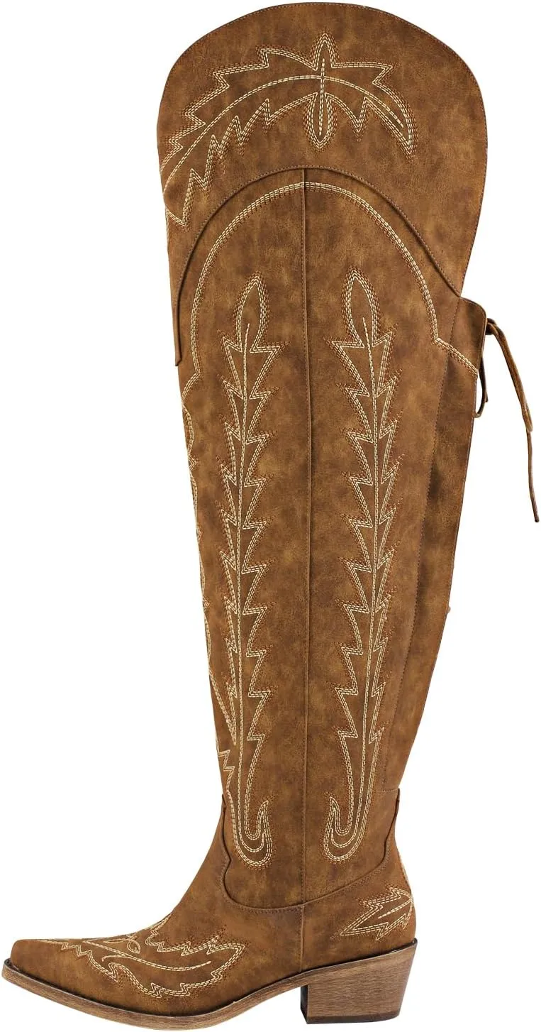 LISHAN Women's Faux Leather Western Cowboy Cowgirl Boots Lace Up Above the Knee High Embroidered Block Heels