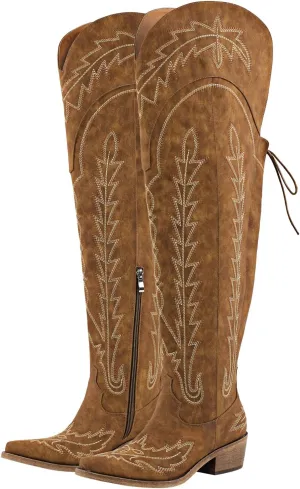 LISHAN Women's Faux Leather Western Cowboy Cowgirl Boots Lace Up Above the Knee High Embroidered Block Heels