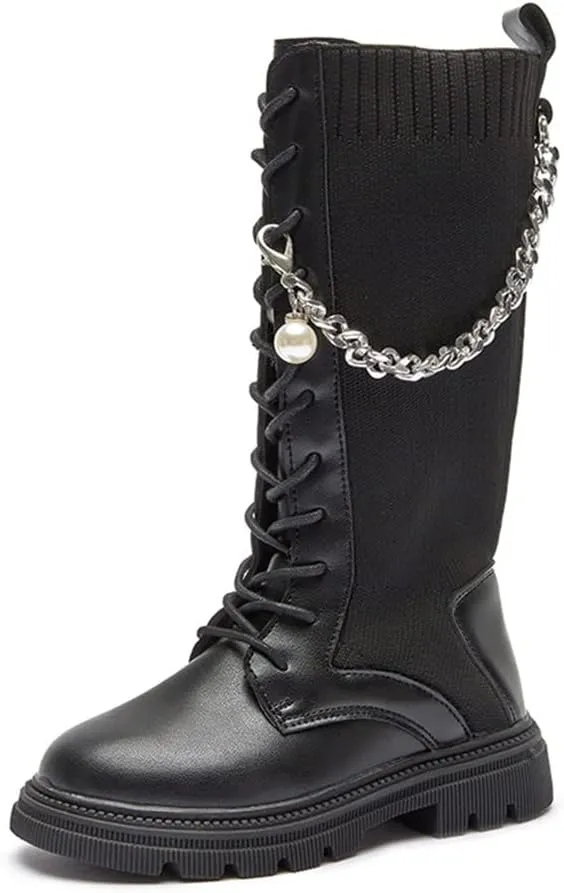 Little Girls Knitted Leather Lace-Up Knee High Winter Boots Fashion Black Mid Calf Combat Riding Boots (Toddler/Little Kid/Big Kid)