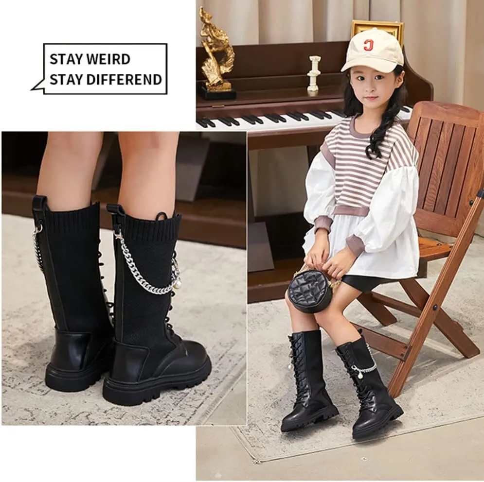 Little Girls Knitted Leather Lace-Up Knee High Winter Boots Fashion Black Mid Calf Combat Riding Boots (Toddler/Little Kid/Big Kid)
