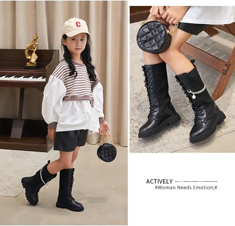 Little Girls Knitted Leather Lace-Up Knee High Winter Boots Fashion Black Mid Calf Combat Riding Boots (Toddler/Little Kid/Big Kid)