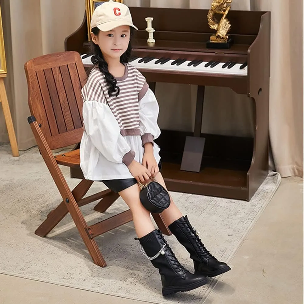Little Girls Knitted Leather Lace-Up Knee High Winter Boots Fashion Black Mid Calf Combat Riding Boots (Toddler/Little Kid/Big Kid)
