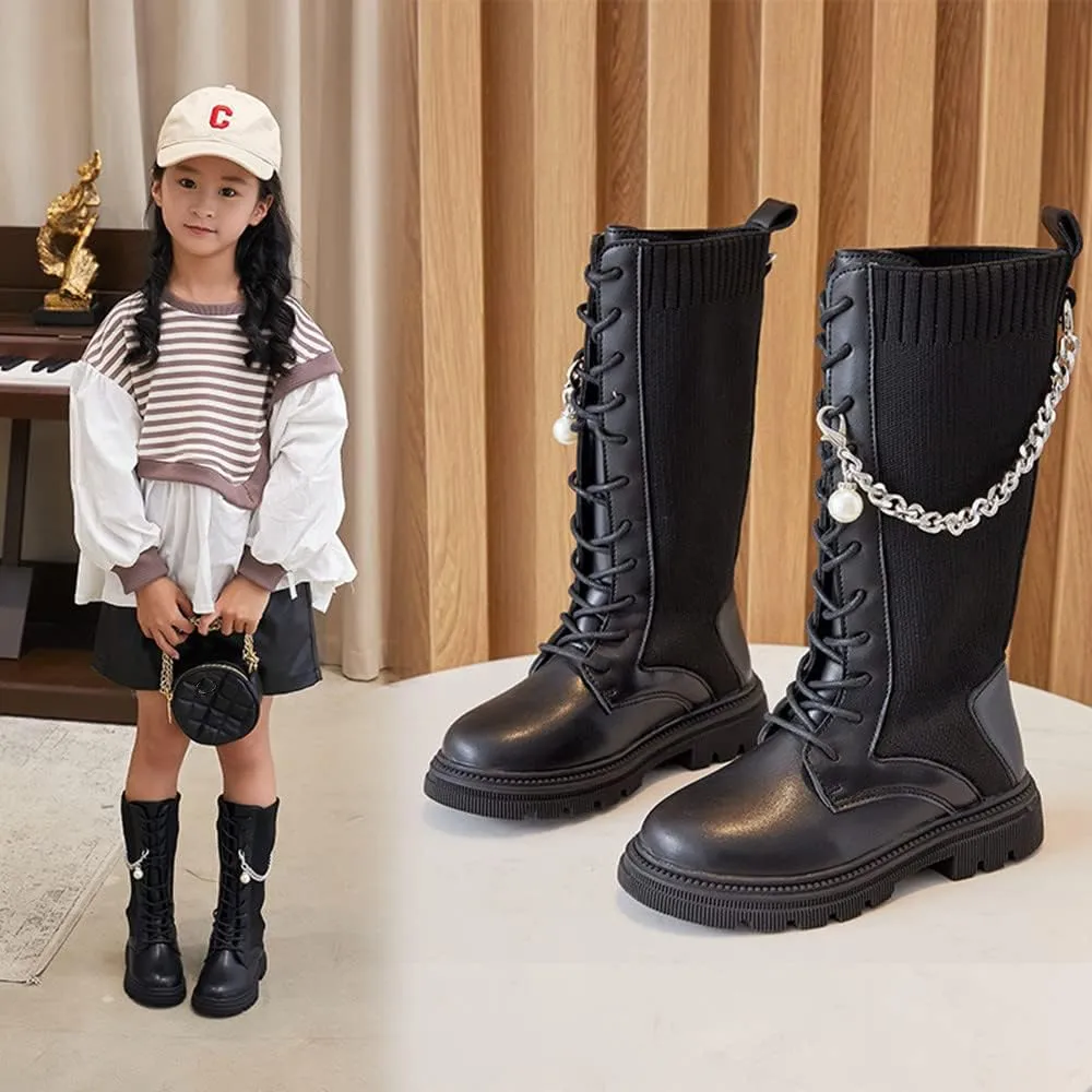 Little Girls Knitted Leather Lace-Up Knee High Winter Boots Fashion Black Mid Calf Combat Riding Boots (Toddler/Little Kid/Big Kid)